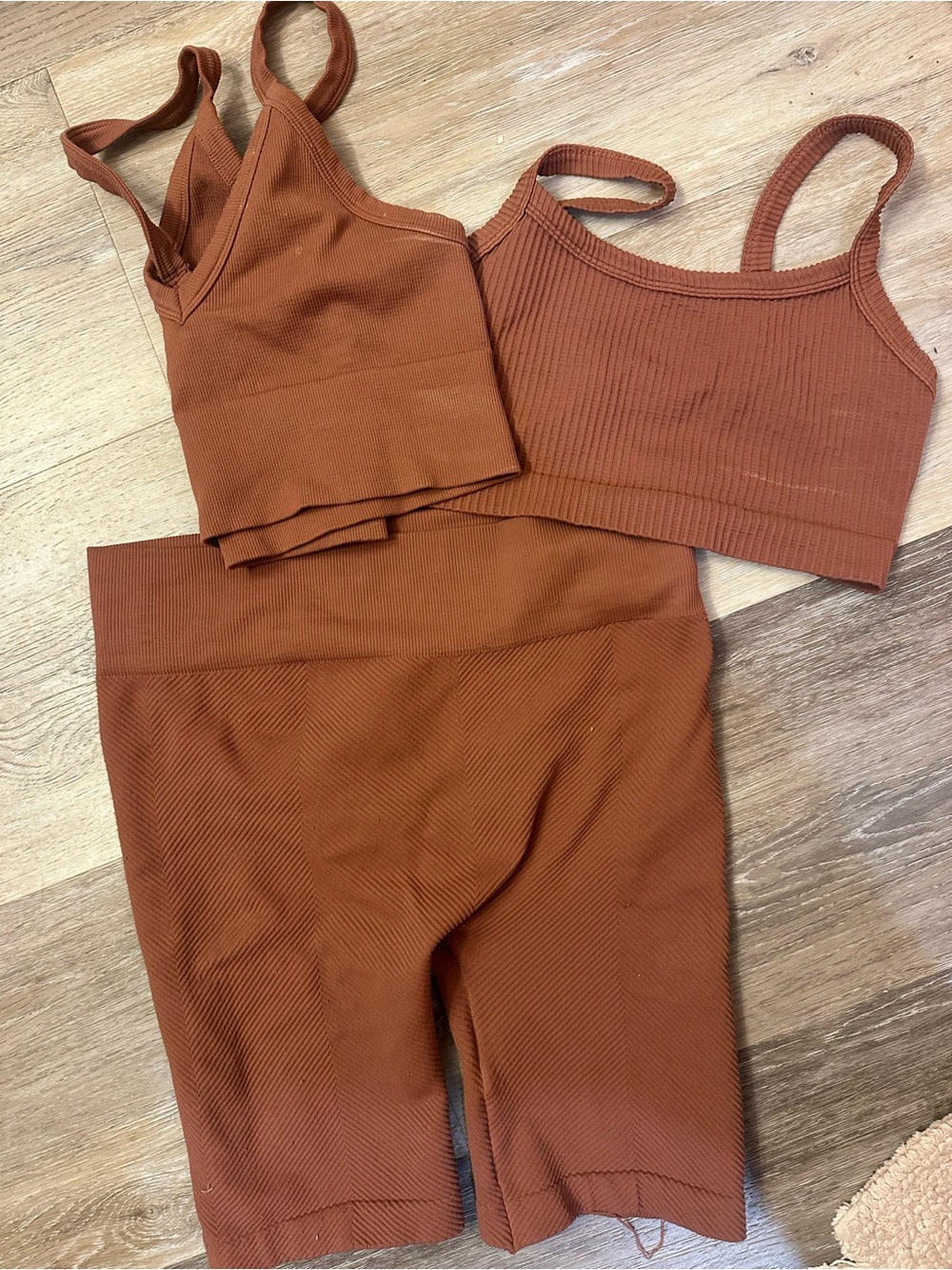 Ribbed Bike Shorts & Crop Tops - Rust